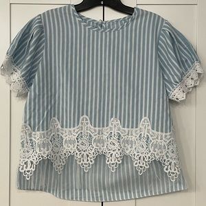 Women Short Puff Sleeve Blue White Stripes Lace Tops